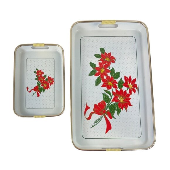 Vintage Christmas Lacquerware Serving Tray Set 2 Piece Japan Red Poinsettia - Picture 1 of 14
